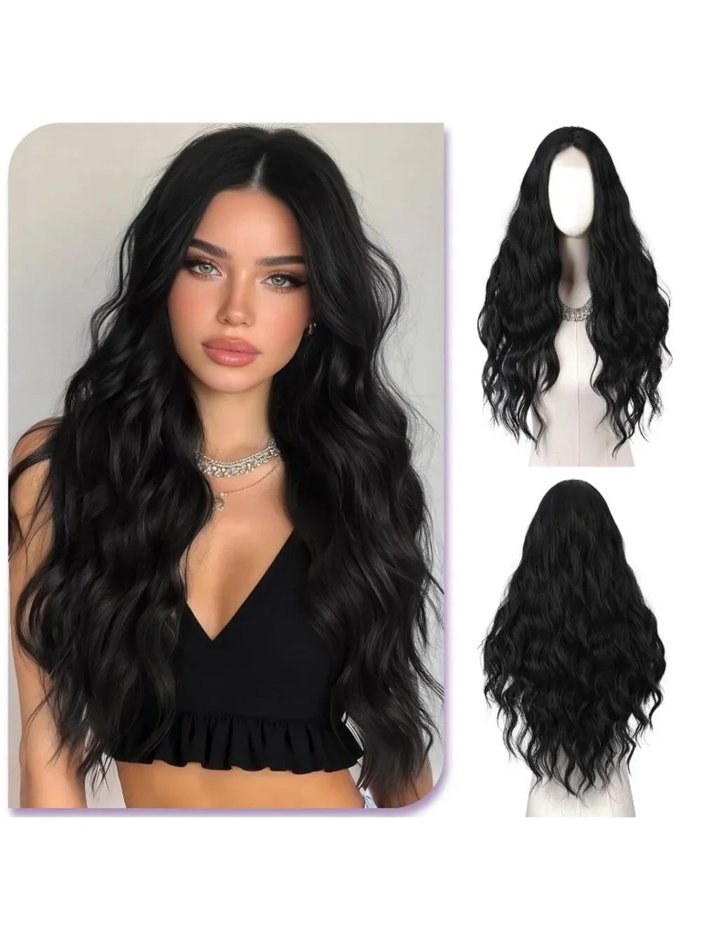 Women's Natural Black 28 Inch Lace Front Soft Synthetic Long Wavy Curly Wigs